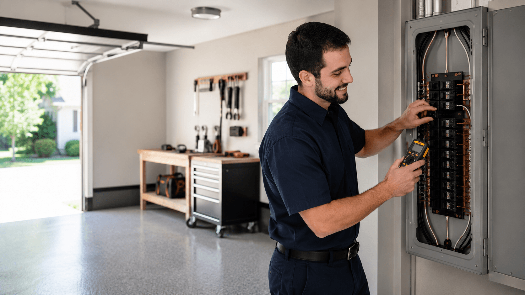 Friendly electrician completing residential electrical panel work